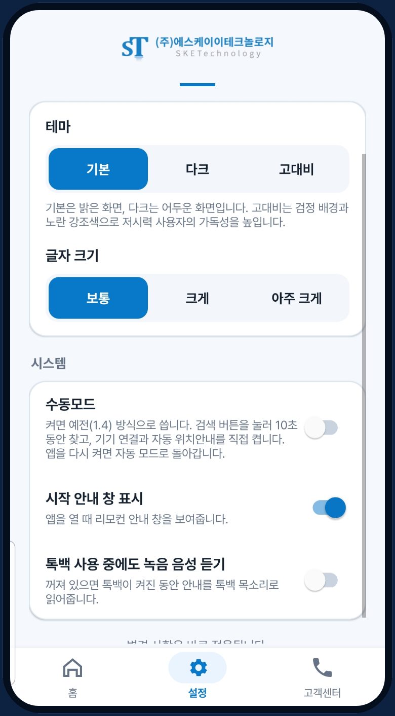 SKE 앱 설정 화면: 기본·다크·고대비 테마와 글자 크기 선택